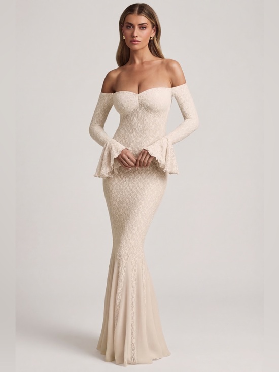 Oh Polly Dresses & Skirts - NEW Oh Polly Verena Ivory Off-Shoulder Ruffle Lace Mermaid Bodycon Maxi Dress XS